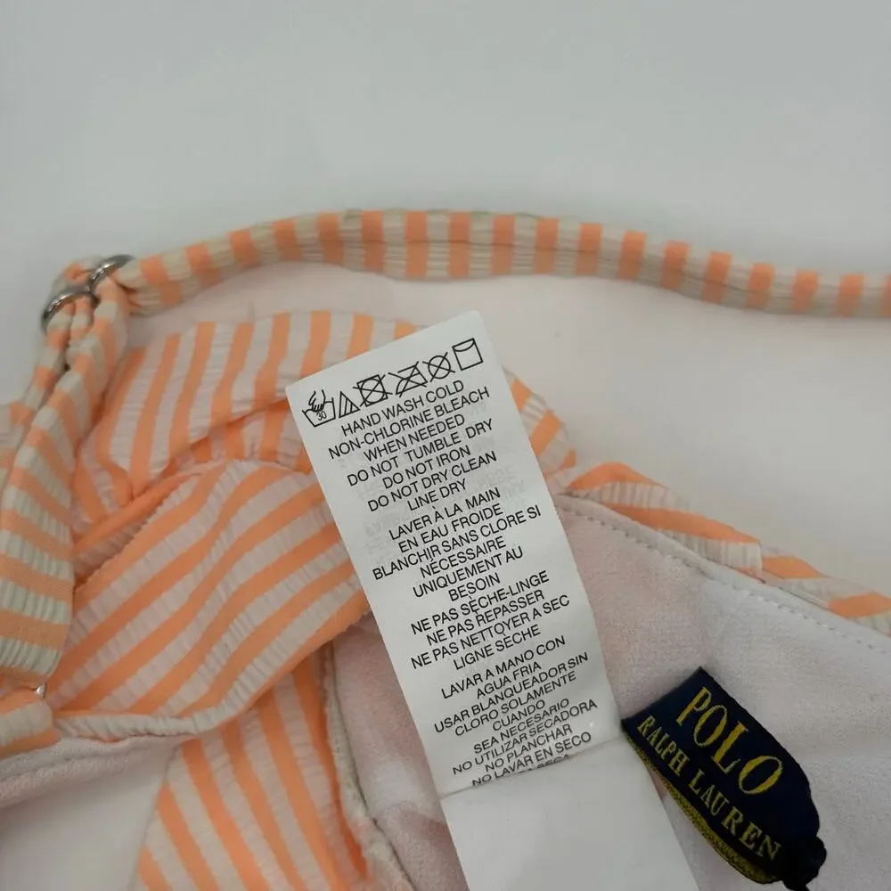 Polo Ralph Lauren Bikini Top SZ Small NWT Seersucker Ruffle Orange White Stripe